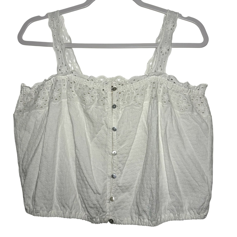 Lucky Brand White Eyelet Crop Top Button Front Square Neck Women's Size L